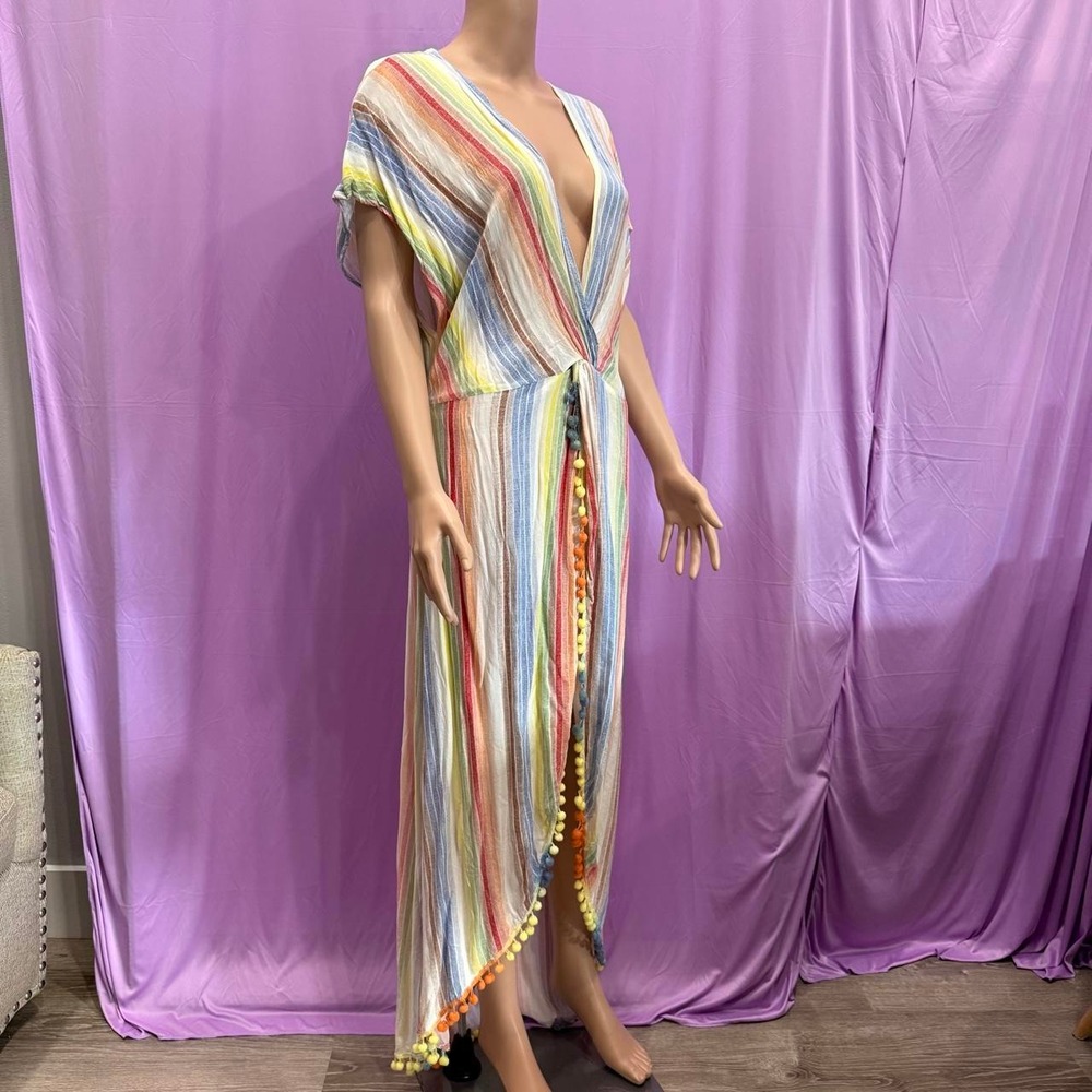 America and Beyond Rainbow Striped Pom Pom Beach Cover Up Maxi Dress Multi